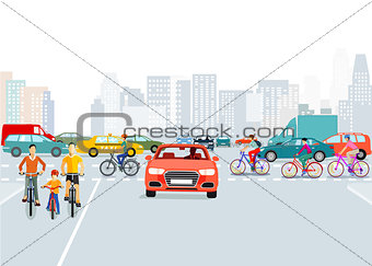 Cars and cyclists in the city, illustration