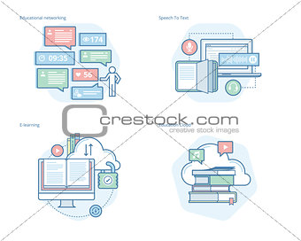 Set of concept line icons for education apps, networking, e-learning, education cloud