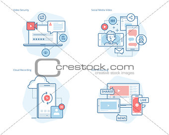 Set of concept line icons for social media video, cloud recording, VOD streaming, video security, online video streaming