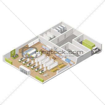 Grocery supermarket with storage rooms and goods unloading area isometric icon set