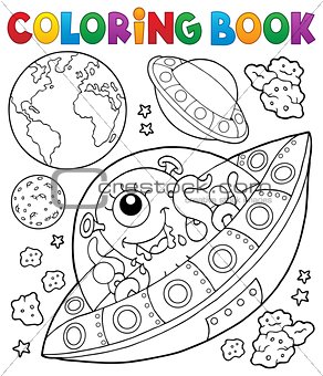 Coloring book flying saucers near Earth