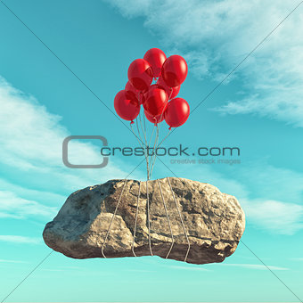 Red balloons lift a big stone