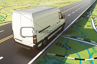 Delivery van runs along the highway on a road map. 3D Rendering