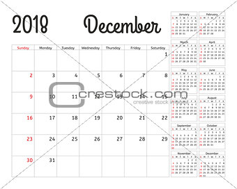 Simple calendar planner for 2018 year. Vector design December template. Set of 12 months. Week starts sunday. Calendar planning week.