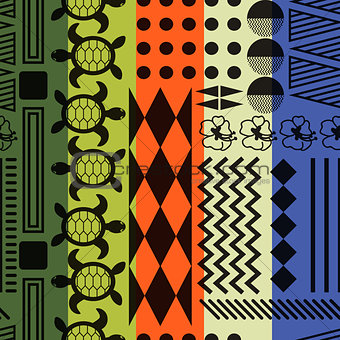 Multicolored striped aloha ornament seamless vector pattern.