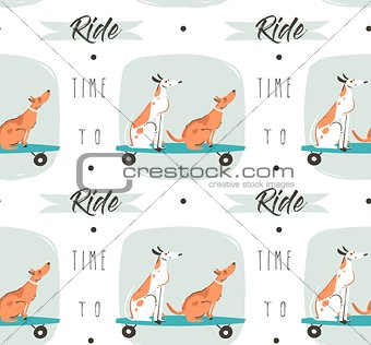 Hand drawn vector cartoon drawing summer time fun seamless pattern illustration with riding dogs on skateboards and long boards and modern typography quote Time to ride isolated on white background