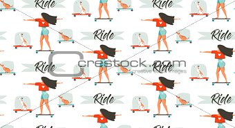 Hand drawn vector cartoon drawing summer time fun seamless pattern illustration with young girl riding on longboard and dog on skateboard isolated on white background.