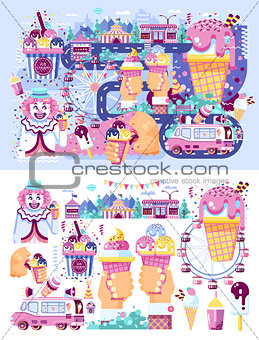 Set vector illustration business selling different kinds ice cream sale food with machine, meal on wheels clown amusement park sweets vanilla chocolate fruit filling cafe near road in flat style