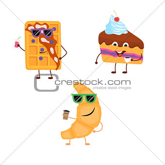 Set of funny characters from croissant, belgian waffle, cake.