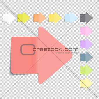 Sticky Office Paper Sheets Notes, Arrow Sign Pack Collection Set with Shadow Isolated on Transparent Background Vector Illustration