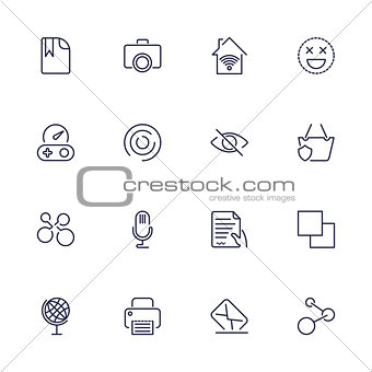 Universal web icons to use in web and mobile UI, set of basic UI web elements file, printer, mail, game, basket, camera and other. Editable stroke