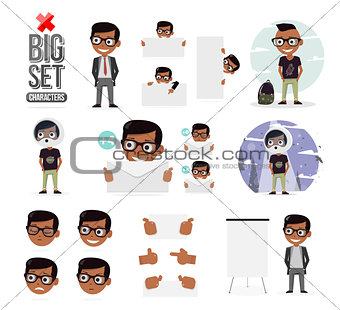 Set boys character creation set. Icons with different types of faces and hair style, emotions, front, rear, side view of male person. Elements of web design for kindergarten, schools and colleges.