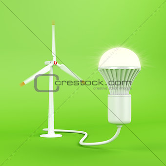 Wind turbine and glowing light bulb