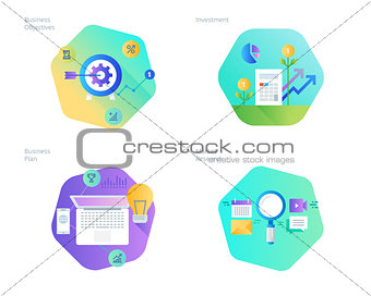 Material design icons set for business plan and objectives, market research, investment