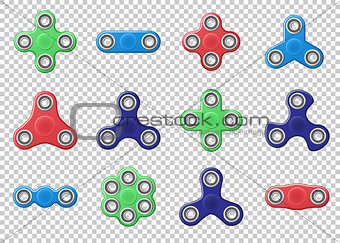 Set of colored Hand spinner realistic vector illustration. Hand spinner tricks isolated on transparent background