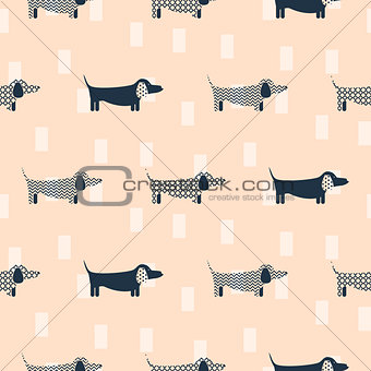 Dachshund dog scandinavian seamless vector peach colored pattern.