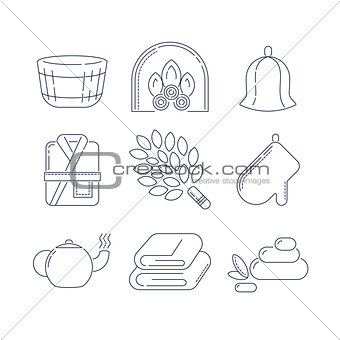 Spa, sauna linear icons. Fireplace, mitt, herbal tea, sauna broom and other accessories for the bath. Health and body care thin line icons.