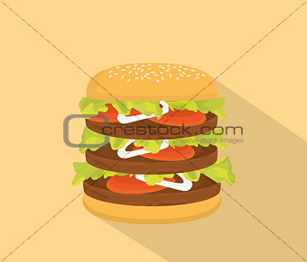 big hamburger with bun and tall patty and long shadow as background