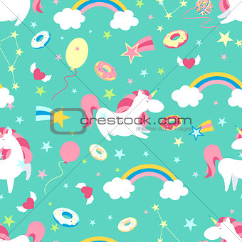 Unicorn character set. Cute magic collection with unicorn, rainbow, heart ,fairy wings and balloon. Catroon style vector illustration