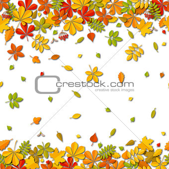Seamless border Autumn falling leaf background isolated on white.
