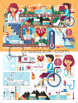 Vector big set design illustration medicine health care of patient medical insurance treatment illness and recovery doctor nurse ambulance on road near hospital pharmacy polyclinic in flat style