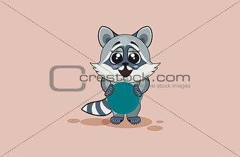 Vector Illustration isolated Emoji character cartoon raccoon cub holds circular design element sticker emoticon happy emotion for site, info graphic, video, animation, websites, e-mails, reports