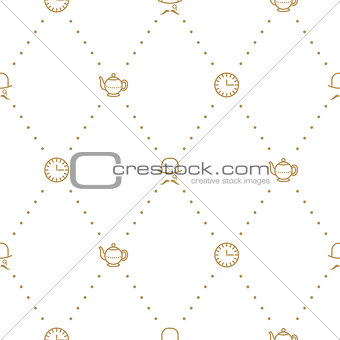 English tea party elegant gold on white line vector pattern.
