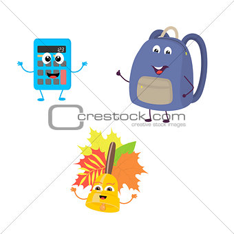 Set of funny characters from calculator, school bag, bell.