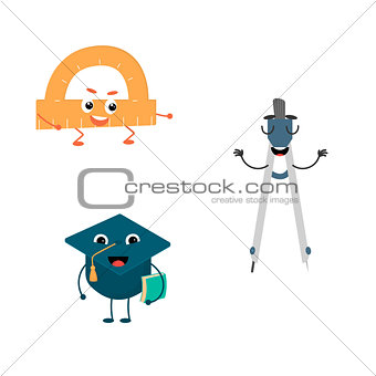Set of funny characters from pair, compasses, protractor, cap.