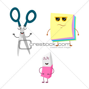 Set of funny characters from eraser, scissors, paper.