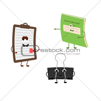 Set of funny characters from notebook, tablet, office clamp.