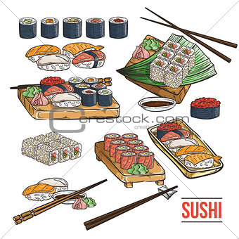 Doodle sushi and rolls on wood. Japanese traditional cuisine dishes set.