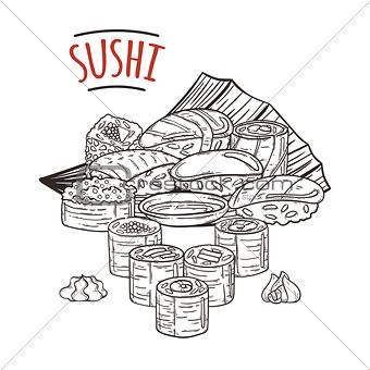 Doodle sushi and rolls on wood. Japanese traditional cuisine dishes illustration.