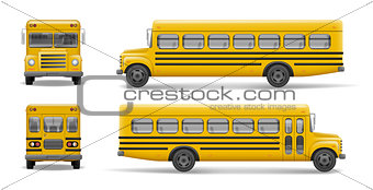 Yellow school bus front, back and side view. Transportation and vehicle transport, back to the school. Relistic bus mockup. Vector illustration