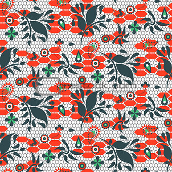 Floral lace blue and red vector seamless pattern.