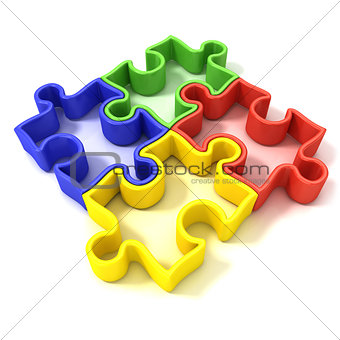 Four colorful outlined jigsaw puzzle pieces, banded