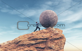 Man pushing a large stone