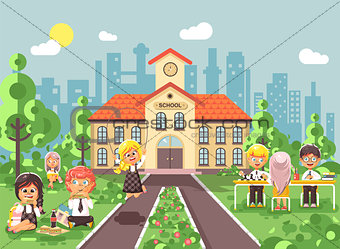 Vector illustration children characters schoolboy schoolgirl pupils apprentices classmates at schoolyard play chess dinner lunch, read book jumping rope on backdrop of school building flat style