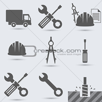 Repair, build instrument. Hammer, car, screw, helmet, wrench and other, hand tool