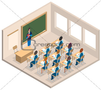 Classroom woman teacher and children. Isometric interior
