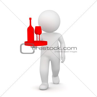 3D Rendering of a waiter bringing a bottle of wine