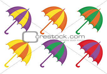 Umbrellas icon set, flat or cartoon style. Beach multicolored umbrella collection of design elements. Isolated on white background. Vector illustration.