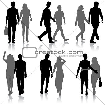 Set Silhouette man and woman walking hand in hand