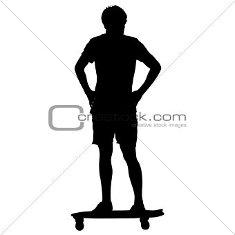 Black silhouettes man standing on a skateboard white background. Vector illustration