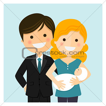 Family with a newborn baby on blue background