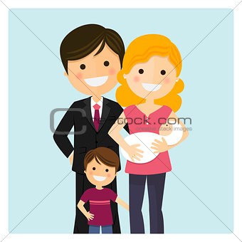 Family with a son and a newborn baby on blue background