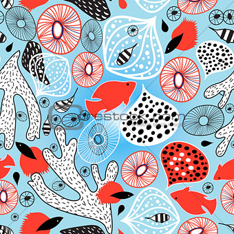 Abstract bright pattern with coral and fish 