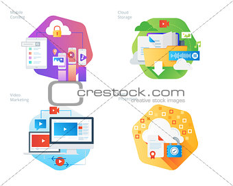 Material design icons set for mobile services and solutions, cloud storage, video marketing, data protection