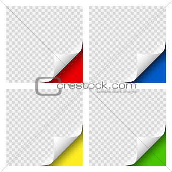 Realistic Curly Page Colored Corners set with transparent shadow for your design. Graphic element for documents, templates, posters, flyers. Vector illustration.