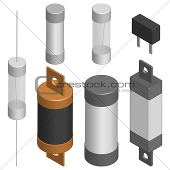 Set of different fuses in 3D, vector illustration.